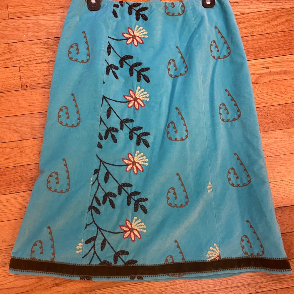 Etctera Turquoise Velvet Skirt with Embroidery